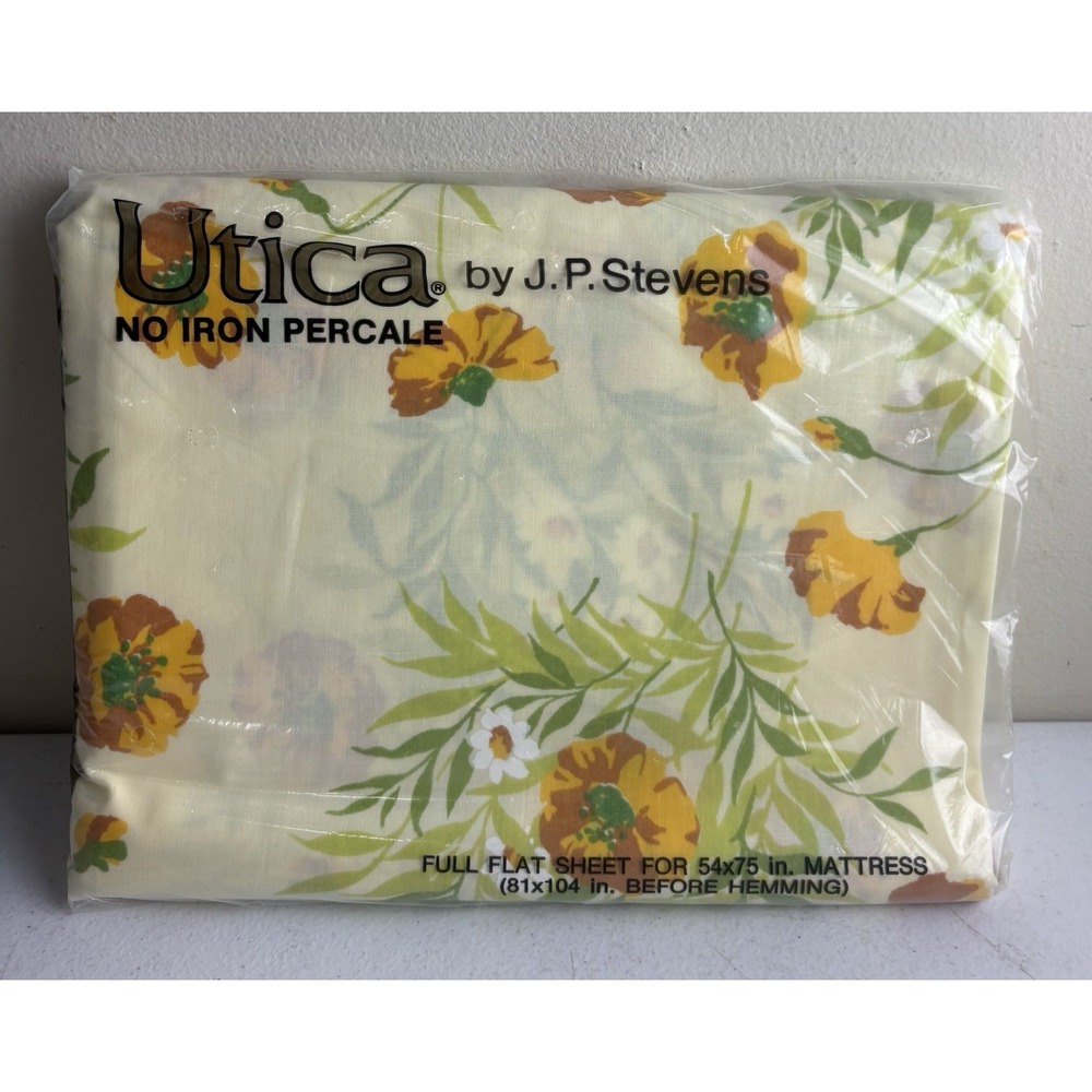 J P Stevens UTICA Full Flat Sheet Yellow FLORAL No Iron Percale Cottage Vtg NEW